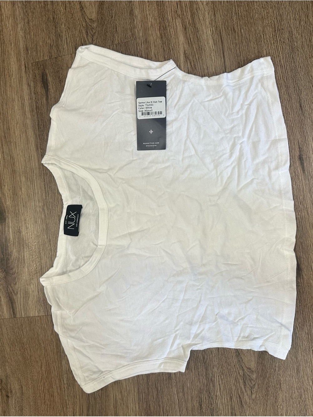 NUX White Short Sleeve Crewneck Top with Black Logo Tag